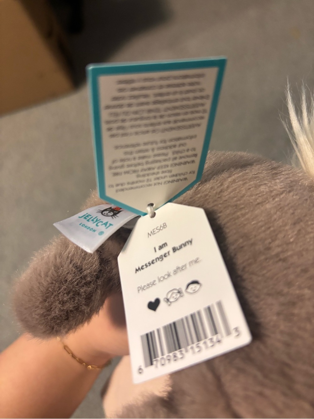 Jellycat Messenger Grey Plush Bunny in Cream Envelope Pouch - Picture 4 of 5